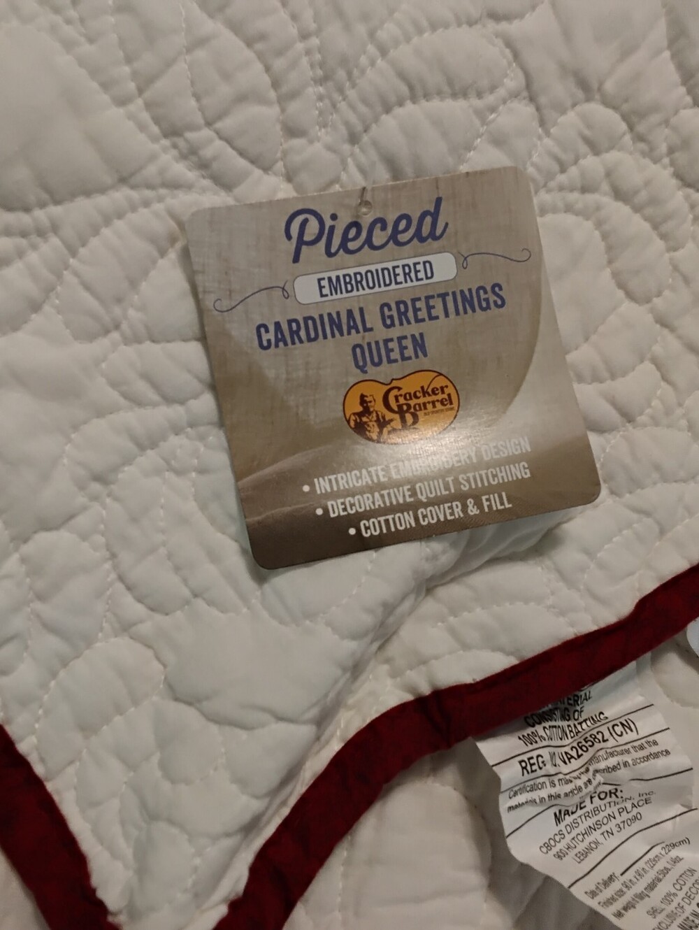 4008 Queen Size Crackerbarrel Embroidered Cardinal Greetings. 09" X 90". - Picture 10 of 15